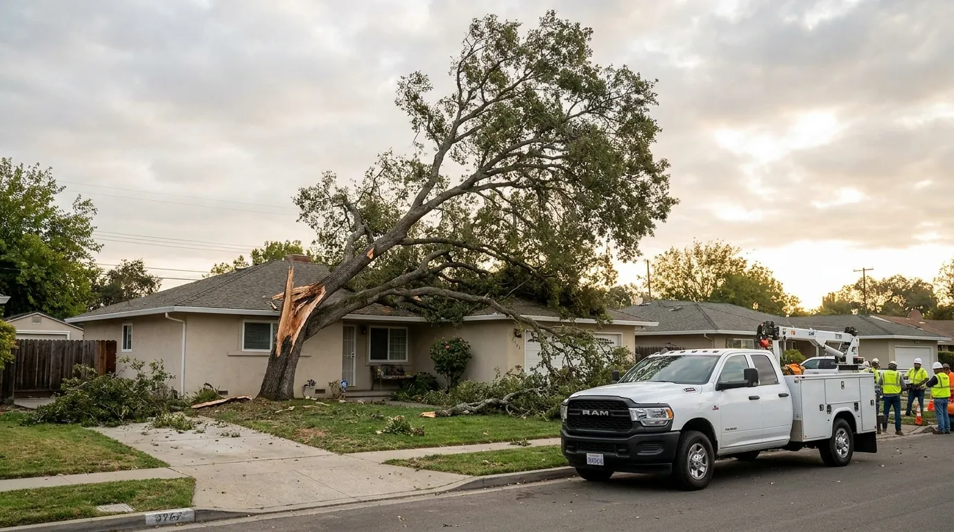 Storm-damaged tree leaning over a Tamarac home