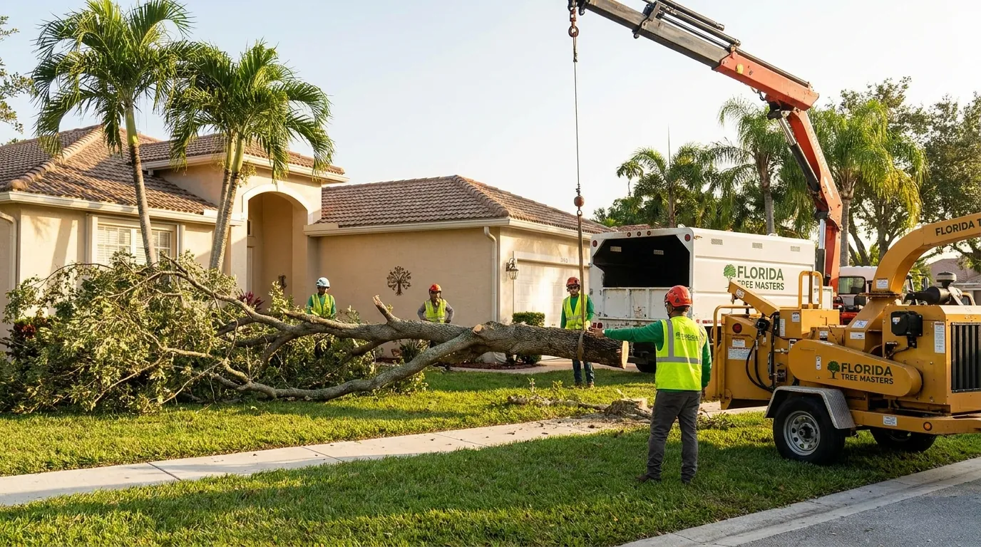 A crew removing a large tree from a residential yard in Tamarac, Florida