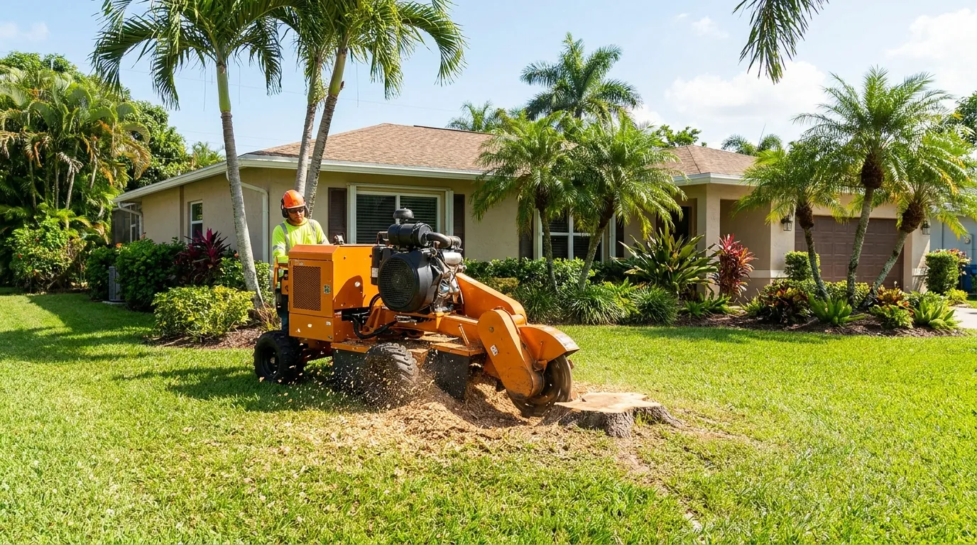 Stump grinder reducing a tree stump to chips in a Tamarac yard