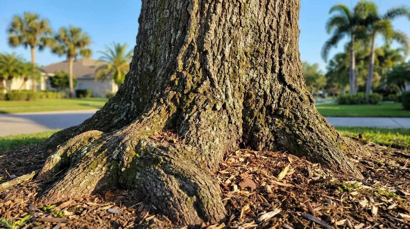 Close inspection of a tree trunk and root flare in Tamarac