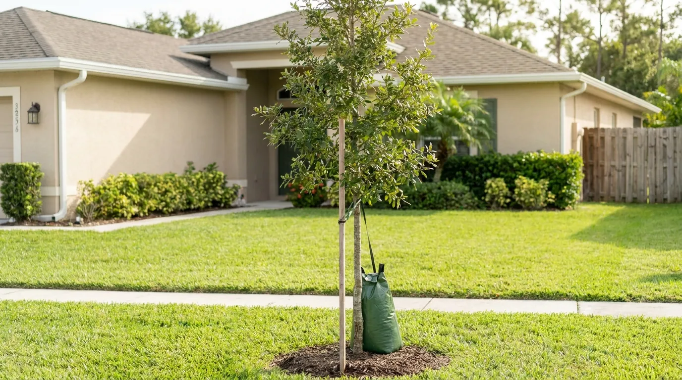Newly planted young tree in a Tamarac front yard