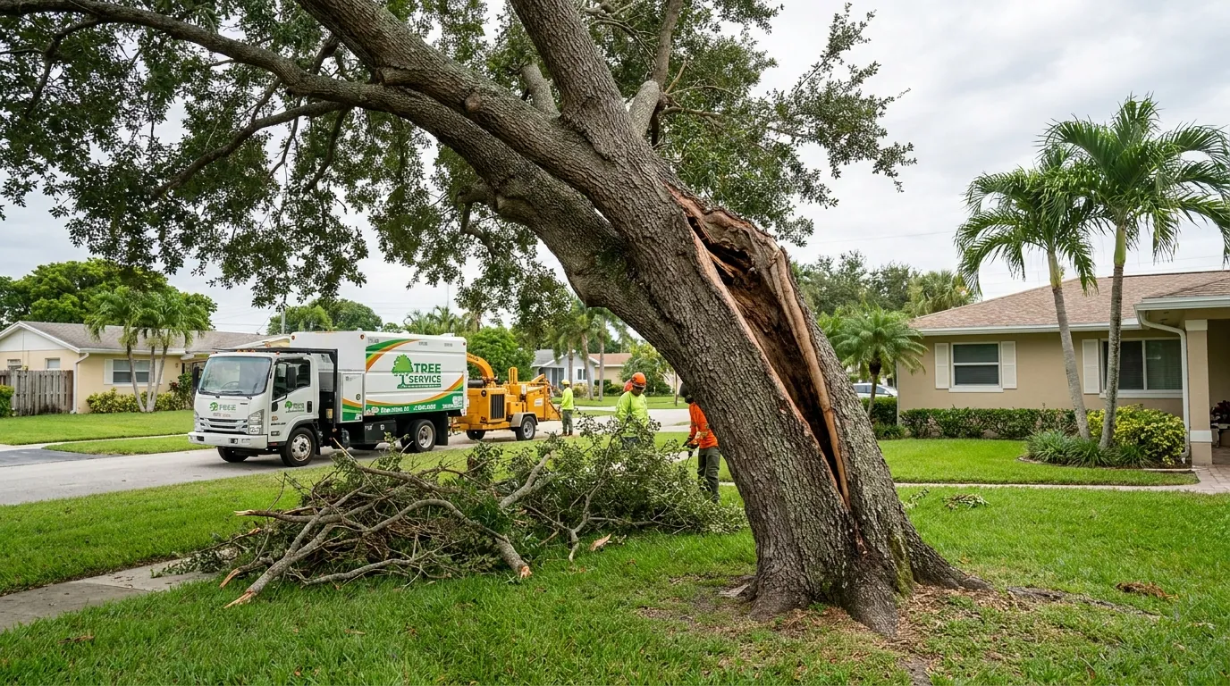 Storm-damaged tree with a split trunk in a Tamarac yard