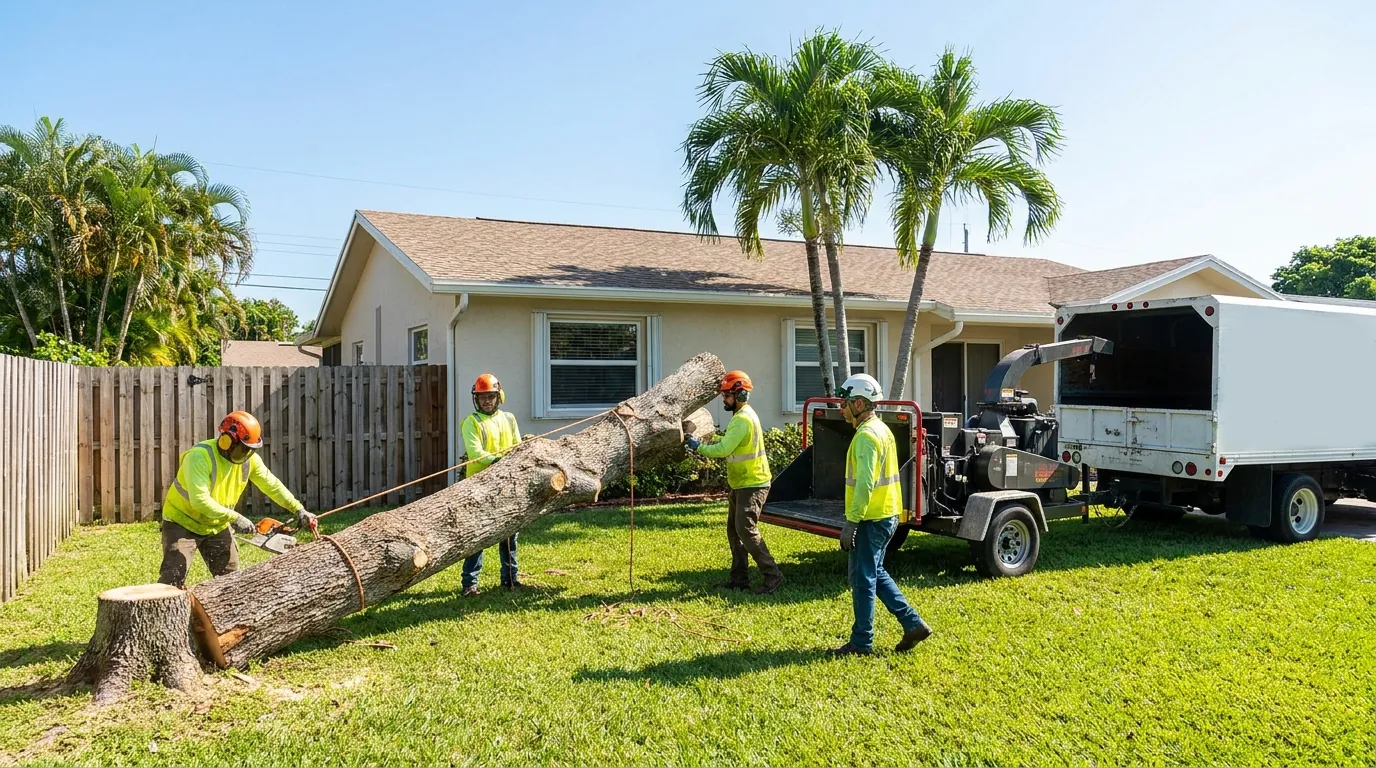 Tree crew lowering a large limb in a Margate, FL yard