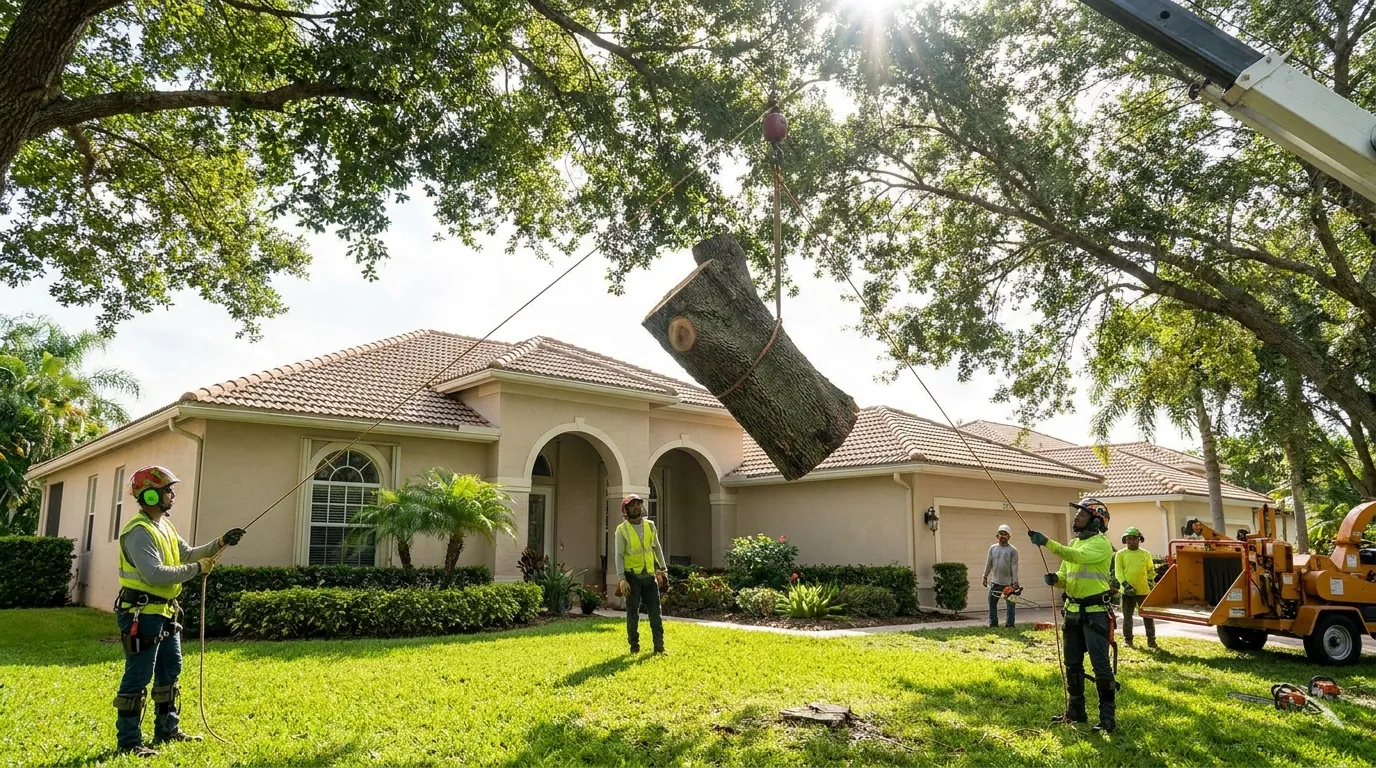 Crew sectionally removing a large tree in a Tamarac back yard