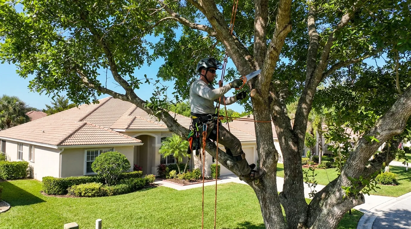 Climber pruning a shade tree canopy in a Tamarac yard